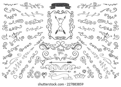 Doodles border,arrow,brushes,hearts,crown,floral decor elements set.For design templates,invitations. For weddings,Valentine's day,holidays,baby design,birthday.Vector