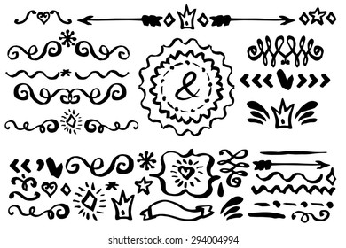 Doodles border,arrow,brushes,hearts,crown,love decor elements set.Ink hand drawing painting design templates,invitations. For weddings,Valentines day,holidays,baby design,birthday.Vector