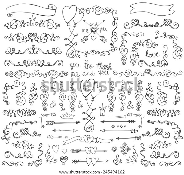 Doodles\
border,arrow,brushes,ribbons,hearts,crown,love decor element\
set.For design template,invitation.Hand drawing style.For\
wedding,Valentine\
day,holiday,Easter,birthday.Vector