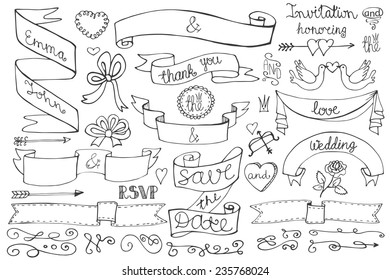 Doodles border,arrow,heart,ribbon,swirl,love decor elements set.For design templates,invitations,save date,RSVP.Hand drawing style. For weddings,Valentine day,bridal shower.Vector