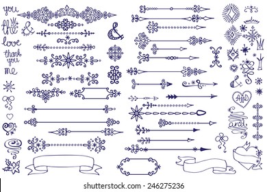 Doodles border,arrows,hearts,crown,love decor elements set.For design templates,invitations. Children's hand drawing style. For wedding,Valentine's day,holidays,menu,birthday.Winter Vector