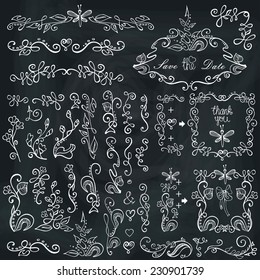 Doodles border,frame,brushes,floral decor elements set on chalkboard.For design template,invitation,card. For wedding,Valentin day,holiday,Easter,birthday.Easy to make your frame design.Vector