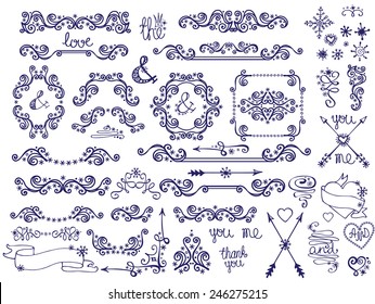 Doodles border,frame,hearts,swirl,love decor elements set.For design templates,invitations. Children's hand drawing style. For wedding,Valentine's day,holidays,menu,birthday.Winter Vector