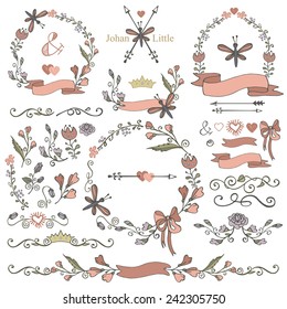 Doodles border,frame,wreath,arrow,ribbon,floral decor elements set.Hand sketched.Easy make design template,invitation,logo.Wedding,Valentine day,holiday,birthday,Easter,bridal shower.Vintage Vector