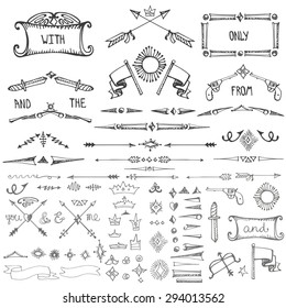 Doodles Border,swirling Dividers,arrow,weapons,crown,frame,decor Elements Set.Male Strong Design Templates,logo,menu.Hand Drawing Style. For Weddings,Valentines Day,holidays,father Day,birthday.Vector