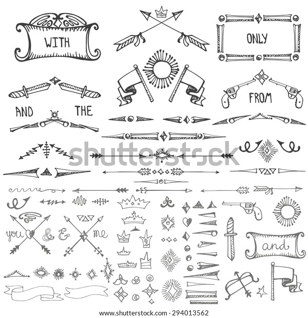 Doodles border,swirling\
dividers,arrow,weapons,crown,frame,decor elements set.Male strong\
design templates,logo,menu.Hand drawing style. For\
weddings,Valentines day,holidays,father\
day,birthday.Vector