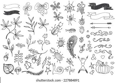 Doodles branches,arrows,ribbons,insects,decor set.Hand sketched elements .For design templates,invitations,logo. For weddings,Valentine's day,holidays,baby design,birthday.Vector