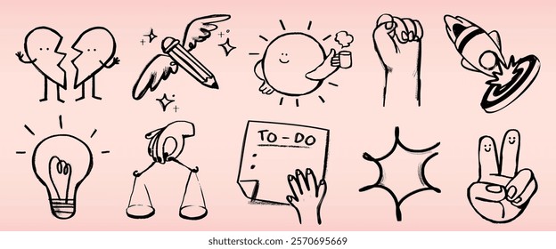 Doodles of a broken heart, pencil, sun, fist, rocket, light bulb, scales, to-do list, star, and peace sign. Creative doodles with heart, sun, and peace themes. Hand drawn vector set.