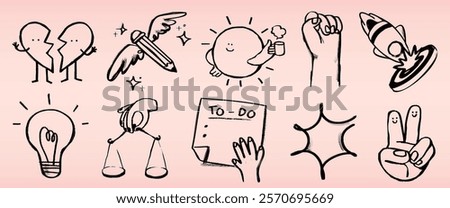 Doodles of a broken heart, pencil, sun, fist, rocket, light bulb, scales, to-do list, star, and peace sign. Creative doodles with heart, sun, and peace themes. Hand drawn vector set.