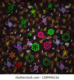Doodles brown, black and green on colors. Vector. Seamless Beautiful fabric pattern.