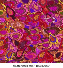 Doodles brown, magenta and red on colors. Seamless Elegant vector texture with floral elements.