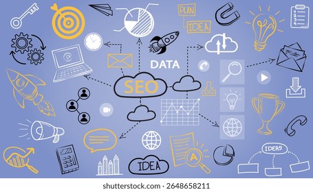 Doodles business icons. Hand drawn vector pattern background icon symbols. Poster for Corporate Meeting, Online Courses, Webinar, Seminar. Conference, Business Event Announcement. modern vector, flat.