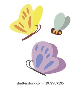 Doodles butterfly   bee set  Collection hand drawn vector illustrations  Colorful cartoon cliparts isolated white background  Simple elements for design  print  decor  postcard  stickers 