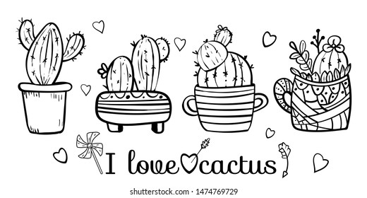 Doodles Cacti in a flower pot. Coloring book page for adult. Coloring cacti page or book. Scandinavian style, comfort in the house. Hygge. I love cactus. - Vector. Vector illustration