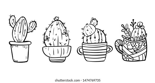 Doodles Cacti in a flower pot. Coloring book page for adult. Coloring cacti page or book. Scandinavian style, comfort in the house. Hygge. 4 cacti. - Vector. Vector illustration