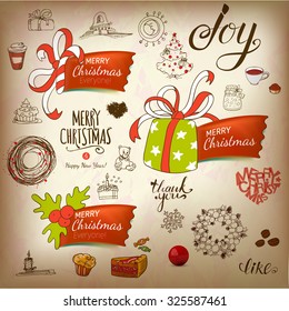 Doodles and calligraphy vintage card vector drawn collection. Holidays design elements. Cute holiday gifts art.