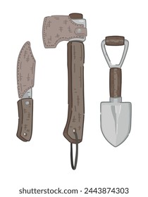Doodles of camping equipment, hiking tools. Set of shovel, knife, axe. Cartoon vector illustrations isolated on white.