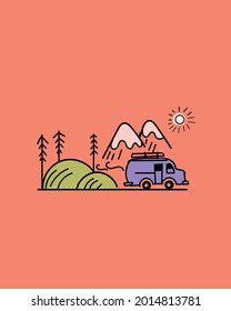 Doodles of car, mountain, trees and sun