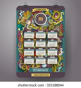 Doodles cartoon Beauty and cosmetic calendar 2016 year design, English, Sunday start.