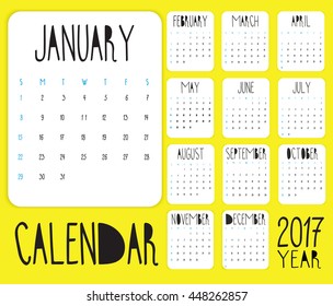 Doodles cartoon calendar 2017 year design, English, Sunday start. Hipster style
