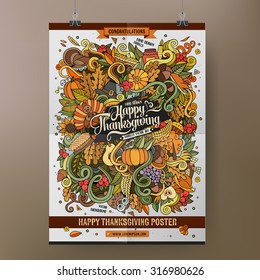 Doodles cartoon colorful Happy Thanksgiving hand drawn illustration. Vector template poster design