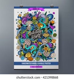 Doodles cartoon colorful Underwater world hand drawn illustration. Vector template poster design