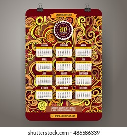 Doodles cartoon curls ornamental floral Calendar 2017 year design, English, Sunday start.
