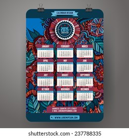 Doodles cartoon floral Calendar 2015 year design, English, Sunday start.