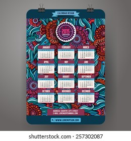 Doodles cartoon floral Calendar 2015 year design, English, Sunday start.