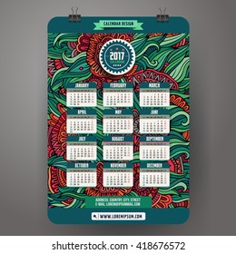 Doodles cartoon floral Calendar 2017 year design, English, Sunday start.