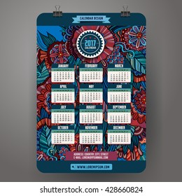 Doodles cartoon floral Calendar 2017 year design, English, Sunday start.