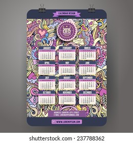 Doodles cartoon Love Calendar 2015 year design, English, Sunday start.