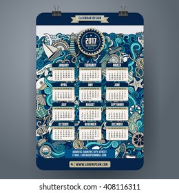 Doodles cartoon Nautical Marine calendar 2017 year design, English, Sunday start.