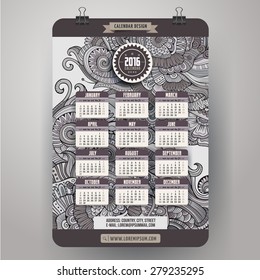 Doodles cartoon ornamental floral Calendar 2016 year design, English, Sunday start.