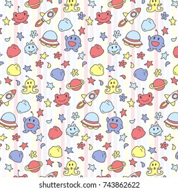 Doodles cartoon space aliens background for kids, Cute cartoon space aliens pattern for printing and decoration.