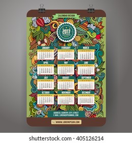 Doodles cartoon summer calendar 2017 year design, English, Sunday start.