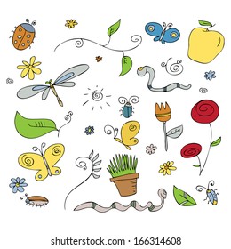 doodles cartoon doodles vector collection set of hand drawn garden tools pot ground watering can gloves rubber boots and bird house vector illustration doodles color colour bird plant tree vegetation