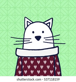 Doodles cat in a sweater with a heart pattern. Vector illustration animal.