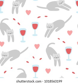 Doodles cats and glass of wine seamless vector pattern. Concept of a strong independent woman