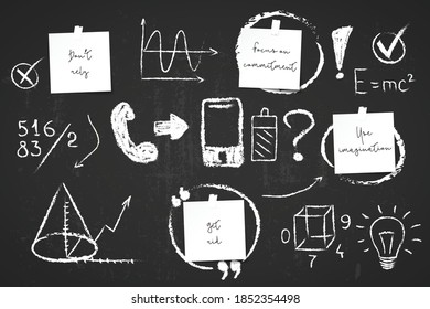 Doodles Kreide Noten mit Papiernotizen. Smartphone-Akku-Konzept