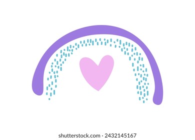 Doodles child naive pink rainbow with hearts, strokes, vector illustration on white background