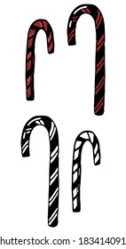 Doodles of christmas candy cane. Hand drawn vector illustration. Realistic vintage sketch. Set of black contour and color elements isolated on white. For design, decor, prints, card, sticker, poster.