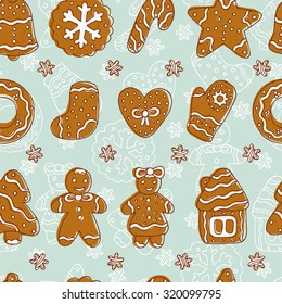 Doodles Christmas Cookies. Gingerbread - Vector Seamless pattern. Celebratory background. Christmas wallpaper.