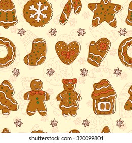 Doodles Christmas Cookies. Gingerbread - Vector Seamless pattern. Celebratory background. Christmas wallpaper.