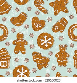 Doodles Christmas Cookies. Gingerbread - Vector Seamless pattern. Celebratory background. Christmas wallpaper.