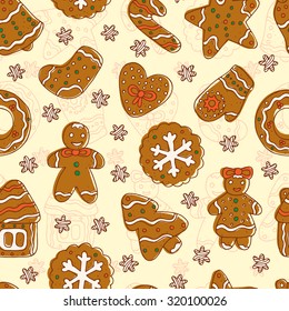 Doodles Christmas Cookies. Gingerbread - Vector Seamless pattern. Celebratory background. Christmas wallpaper.