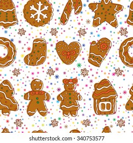 Doodles Christmas Cookies. Gingerbread - Vector Seamless pattern. Celebratory background. Holiday wallpaper. Xmas. Merry Christmas and New Year background.