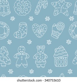 Doodles Christmas Cookies. Gingerbread - Vector Seamless pattern. Celebratory background. Holiday wallpaper. Xmas. Merry Christmas and New Year background.