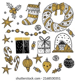 Doodles Christmas elements. Color vector items. Illustration with new year decor. Design for prints and cards