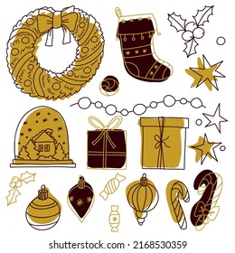 Doodles Christmas elements. Color vector items. Illustration with new year decor. Design for prints and cards